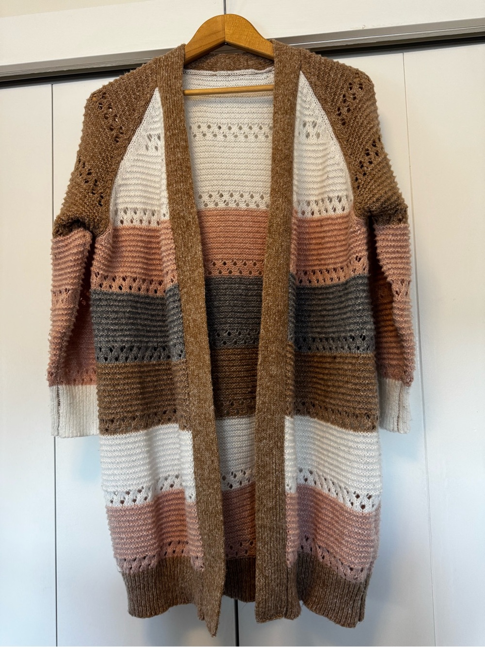 Cupshe Cozy Colorblock Open-Front Cardigan Sweater Pink, White, Gray, Tan Small